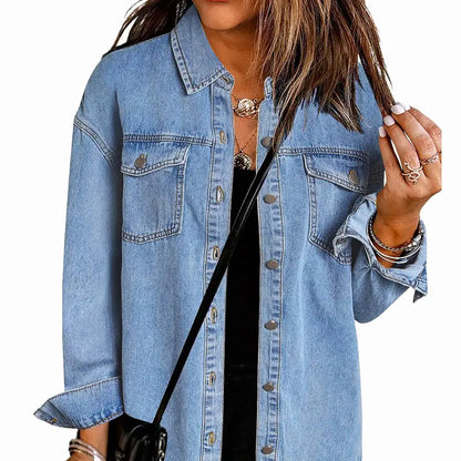 Women's Oversize Ripped Tassel Denim Jean Jacket - Casual Long Sleeve, Pockets, Soft Fabric, Stylish Tops for Ladies