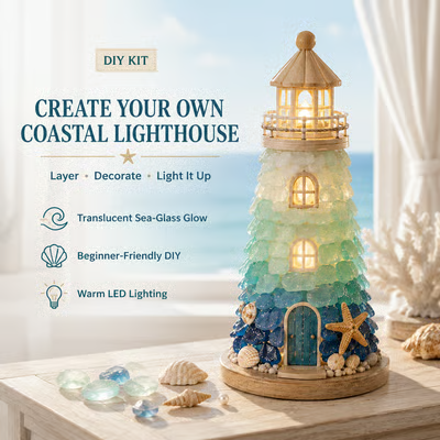 ⏳ Last Day 49% OFF – 🌊 DIY Sea Glass Lighthouse Kit – Light-Up Coastal Craft & Handmade Home Decor