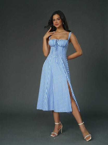 Women's Ruched Corset Midi Dress, Lace-Up Square Neck Milkmaid Party Dress | Limited-Time Sale