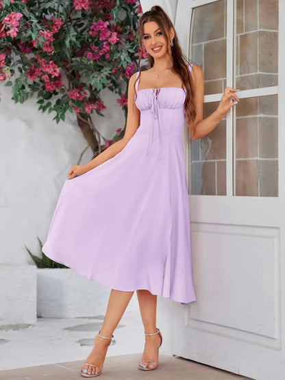 Women's Ruched Corset Midi Dress, Lace-Up Square Neck Milkmaid Party Dress | Limited-Time Sale