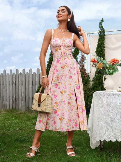 Women's Ruched Corset Midi Dress, Lace-Up Square Neck Milkmaid Party Dress | Limited-Time Sale