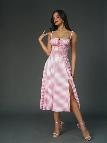 Women's Ruched Corset Midi Dress, Lace-Up Square Neck Milkmaid Party Dress | Limited-Time Sale