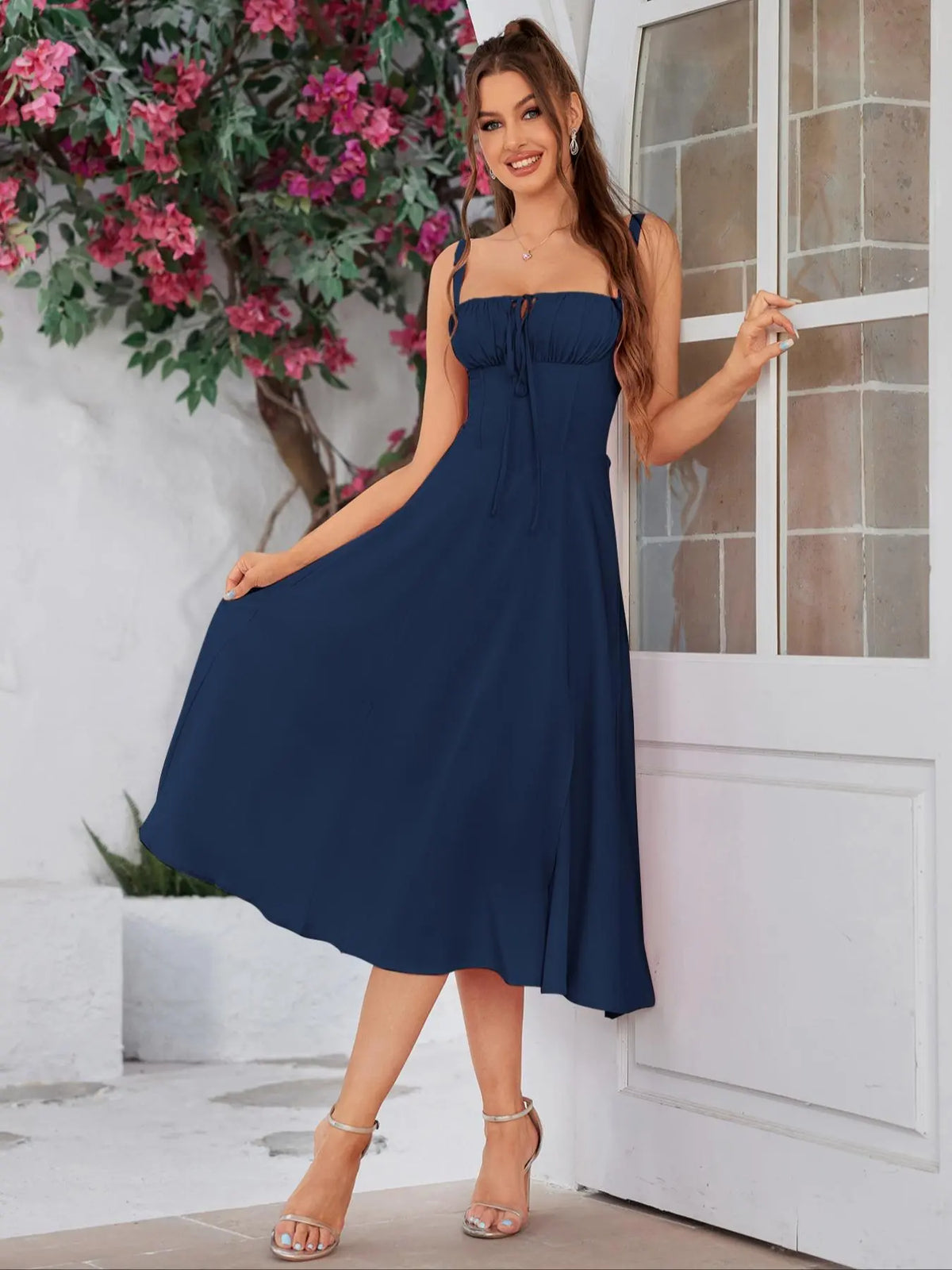 Women's Ruched Corset Midi Dress, Lace-Up Square Neck Milkmaid Party Dress | Limited-Time Sale