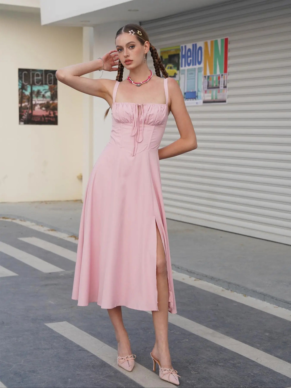 Women's Ruched Corset Midi Dress, Lace-Up Square Neck Milkmaid Party Dress | Limited-Time Sale